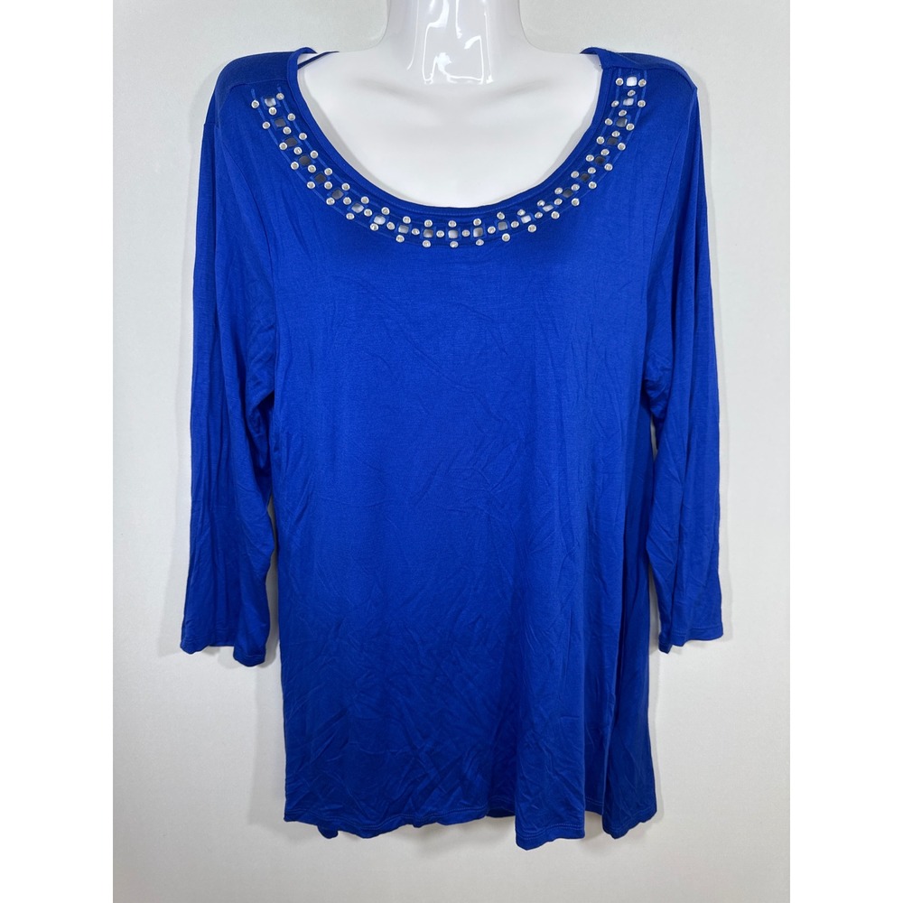 Cable & Gauge Royal Blue Studded Lattice Neckline Tunic Top 3/4 Sleeve Large NEW